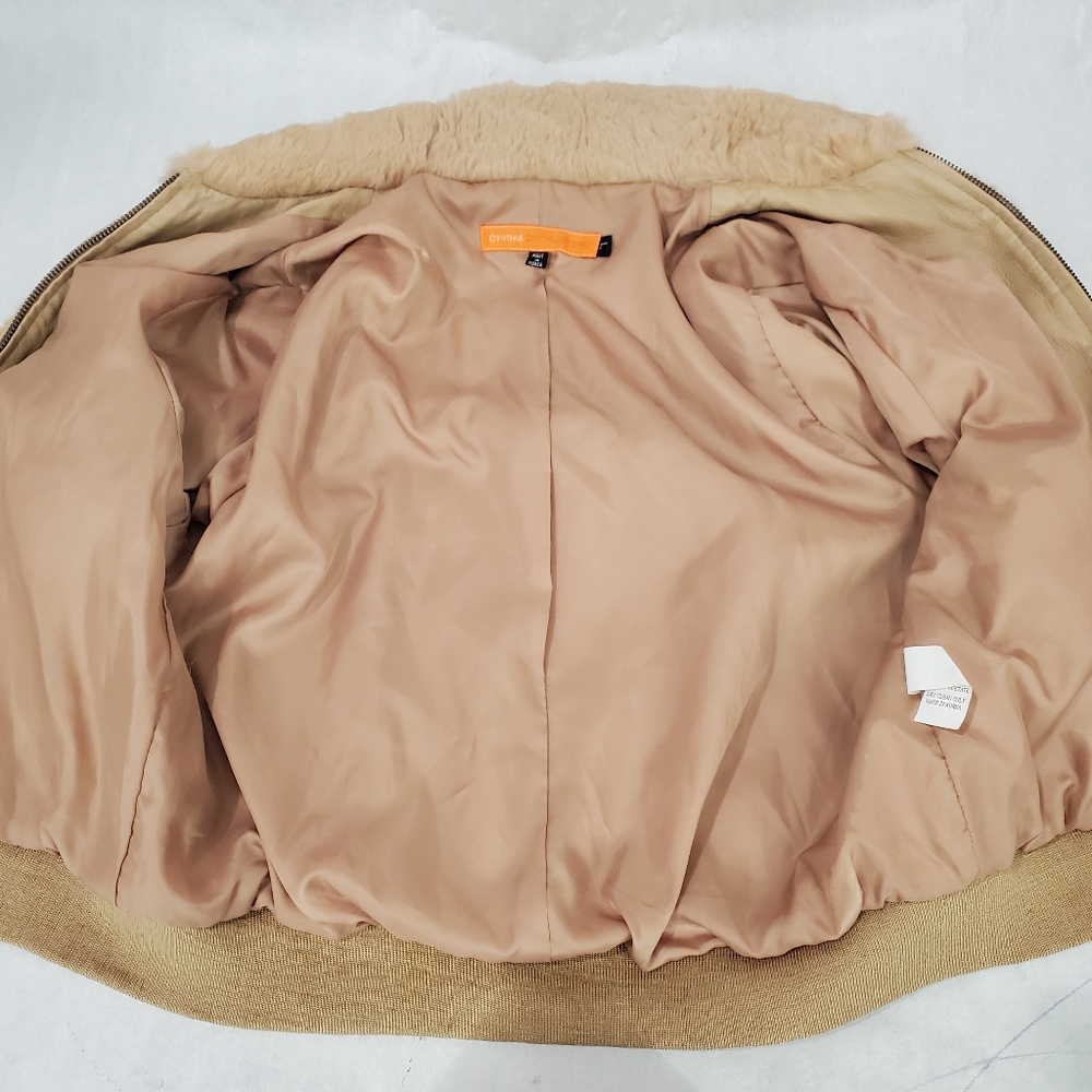 Cynthia Cynthia Steffe Tan 100% Rabbit Fur Leather Y2K Bomber Jacket Soft Size S - Picture 10 of 15